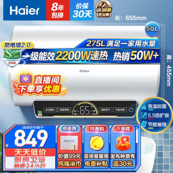 海尔（Haier）电热水器电家用储水式2200W速热一级能效节能省电卫生间洗澡安全防电墙R【安心浴】 经典版50升-EC5002-R