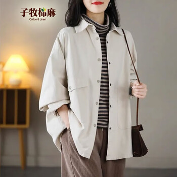 子牧棉麻 2023秋装 女斜纹外套文艺宽松显瘦休闲百塔风衣韩版长袖上衣8376 米色服饰鞋包类商品-全利兔-实时优惠快报