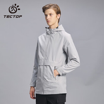 TECTOP 探拓 户外风衣男运动情侣中长款弹力外套防风时尚夹克 男款浅灰 S运动户外类商品-全利兔-实时优惠快报