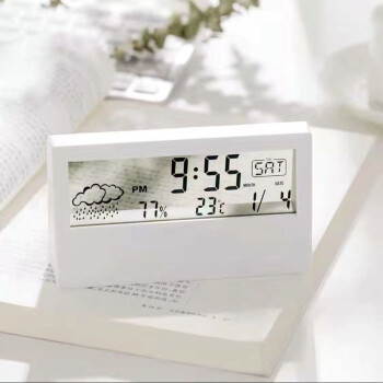 简约妮卡温湿度计室内家用高精度LCD时钟电子台钟简约温湿度计天气预报计 白色透明款