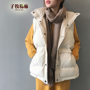子牧棉麻 2023冬装 女韩版显瘦棉服上衣外穿背心坎肩马甲外套0393 米白色服饰鞋包类商品-全利兔-实时优惠快报