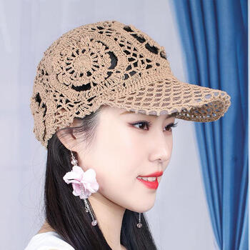 遮白发帽子薄款夏季时尚镂空花朵鸭舌帽棒球帽女士钩花扎马尾手工针织