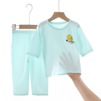 新款夏季儿童套装家居服男女童儿童睡衣呼吸棉透气空调衫两件套 家居服绿小鸭 80cm