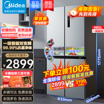  美的（Midea）480升十字对开门多门四门冰箱 一级能效双变频双循环风冷无霜温湿精控超薄大容量家用电冰箱 BCD-480WSPZM(E)