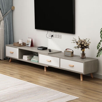普派（Pupai）电视柜简约北欧现代地柜实木腿可伸缩客厅茶几组合轻奢电视机柜子 莫兰迪灰色三抽 150-210cm