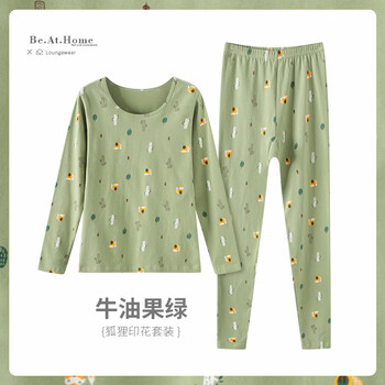 芬腾秋冬季莱卡纯棉保暖内衣女薄款秋衣秋裤圆领防寒修身打底套装-J 210G16牛油果-狐狸 M