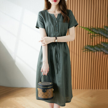 夏娃的色彩 夏季通勤亚麻连衣裙女2022新款韩版抽绳收腰显瘦短袖气质长裙 军绿色 XL(建议120-135斤)