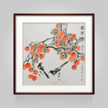 三林堂木艺柿子挂画手绘餐厅装饰画事事如意玄关走廊画a款事事如意
