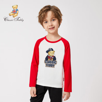 Classic Teddy精典泰迪童装儿童长袖T恤男女童打底衫 棒球熊T恤5-大红 100