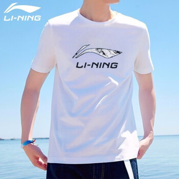 李宁（LI-NING）短袖t恤男士运动服夏季圆领印花吸汗上衣半袖体恤男装健身服 本白 L(175/92A)