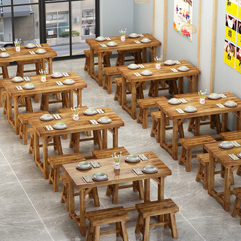 华岭面馆桌椅饭店小吃店桌椅快餐桌椅组合实木餐馆食堂餐桌烧烤碳化桌