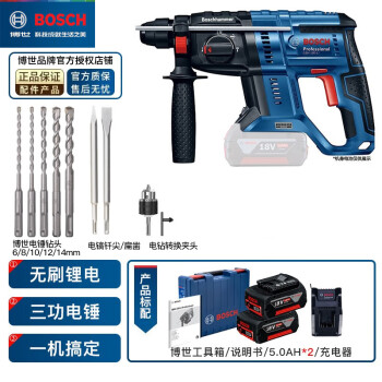 博世（Bosch）18V锂电无刷电锤 充电式冲击钻电镐四坑锤钻GBH180-LI 5.0Ah双电池+钻头附件