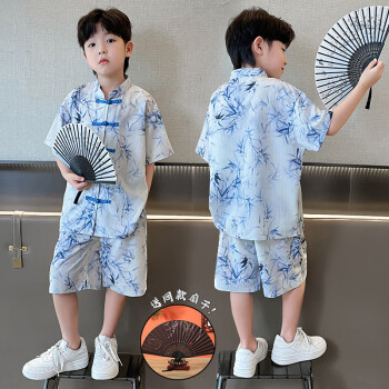 迪士尼（Disney）男童夏季短袖衬衫中国风套装新款唐服中大童新中式潮流短裤两件套 天青色 150cm