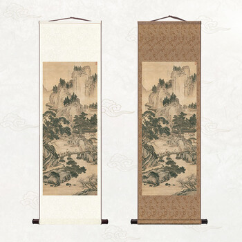 中式仿古壁画明周臣春山游骑图装裱好42x126厘米1卷古韵铜宣纸画芯装