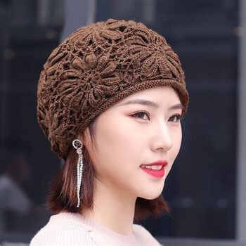 风离痕新品帽子针织帽子女秋钩花网眼镂空头巾帽包头妈妈帽毛线帽仿