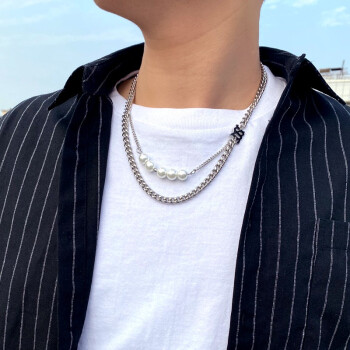 南枳 钛钢珍珠拼接项链男潮韩版个性嘻哈男士锁骨链女