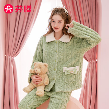 FENTENG 芬腾 睡衣女士冬季新品创意人物翻领开衫珊瑚绒保暖家居服套装女 草绿 L服饰鞋包类商品-全利兔-实时优惠快报