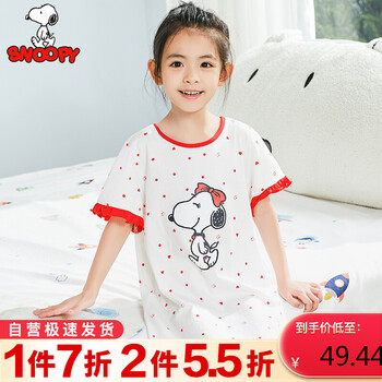 史努比snoopy女童睡裙儿童短袖家居服淑女夏季宽松睡衣波点史努比大红