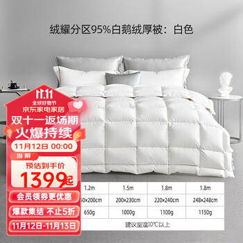 MENDALE 梦洁家纺 绒耀分区95%白鹅绒被子厚被芯冬季被子 绒耀分区95%白鹅绒厚被：白色 150*200全利兔-实时优惠快报