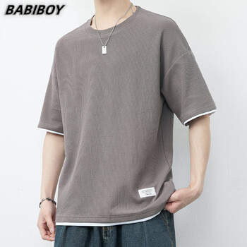 babiboy重磅华夫格短袖t恤男潮牌夏季薄款半袖男生体恤冰丝速干套装