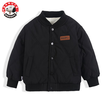 SNOOPY 史努比 新款秋冬季男女童加绒棒球服外套中大童时尚棉服外套棒球服夹克 黑色 90（80-90cm/13-17斤）全利兔-实时优惠快报