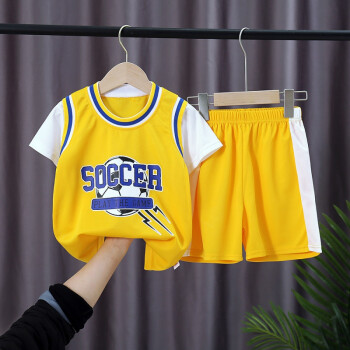 儿童短袖球服套装新款夏季男童运动篮球服速干宝宝网眼球衣童装女 足球-黄色 100cm