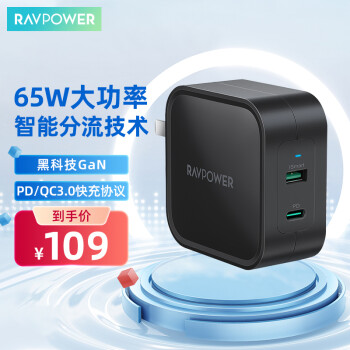 睿能宝RAVPower 65W氮化镓PD双口快充Type-C充电器GaN支持苹果iphone12/13pro安卓swich笔记本20w充电头