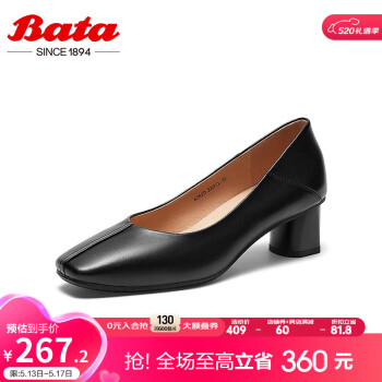 Bata浅口单鞋女秋季商场新款羊皮优雅粗跟通勤高跟鞋6362DCQ3 黑色 37