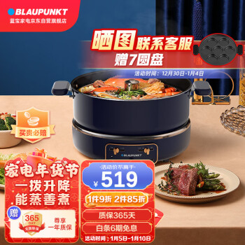 蓝宝（BLAUPUNKT）升降电火锅 分体式电热锅可拆洗 家用多功能料理锅 电热蒸煮炖锅烧烤肉煎炒炖锅 轻奢蓝