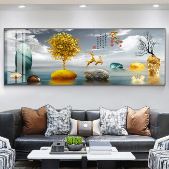 墨派现代轻奢客厅装饰画新中式大气高档卧室麋鹿挂画横幅沙发背景墙画