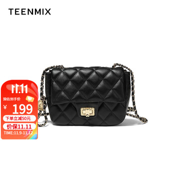 TEENMIX 天美意 包包女包2023新款斜挎包小金球方胖子小香风单肩菱格链条包女 黑色全利兔-实时优惠快报
