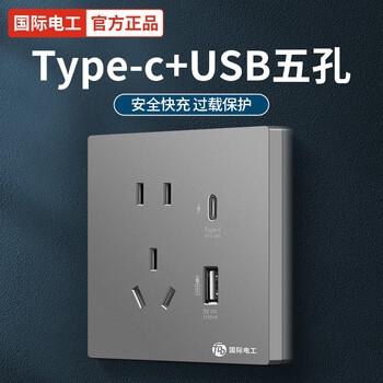 fdd 国际电工 开关插座 五孔带USB+type-c接口20W快充86型面板苹果手机充电插座 USB+Type-C五孔灰色家具家装类商品-全利兔-实时优惠快报