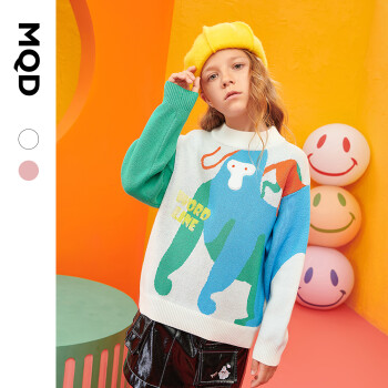 MQD童装女童卡通大图案毛衣冬装新款儿童半高领针织衫加厚韩版 本白 140cm