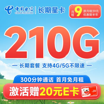 中国电信 玉兔卡阳光仰望流量卡不限速5G电话卡低月租 手机卡全国通用上网卡 长期星卡9元210G+300分钟数码类商品-全利兔-实时优惠快报