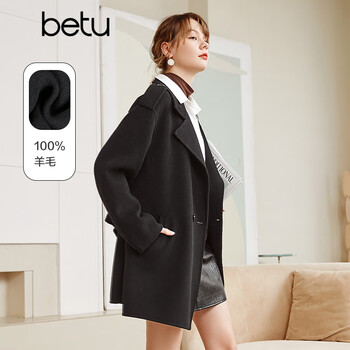Betu 百图 翻领一手长羊毛双面呢毛呢大衣 女 黑色全利兔-实时优惠快报