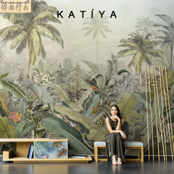 3d东南亚热带雨林芭蕉叶壁纸客厅复古沙发背景墙壁画酒店民宿墙布