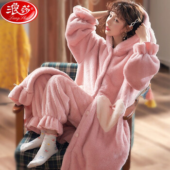 浪莎加绒加厚睡衣女冬季套装珊瑚绒可爱兔子连帽少女秋冬保暖寝室长款