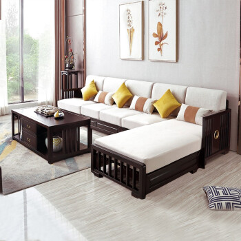 杜沃新中式实木沙发现代布艺沙发组合贵妃转角胡桃木冬夏两用客厅家具
