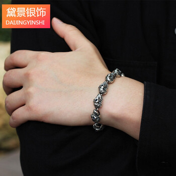 印森骷髅头银手链男925足银复古时尚霸气潮嘻哈朋克机车个性配饰手串