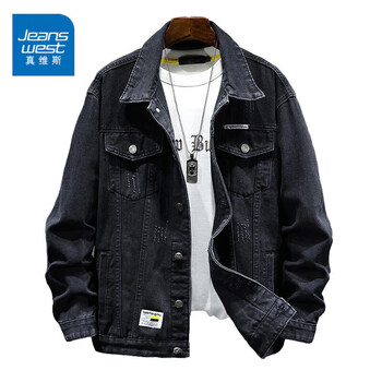 JEANSWEST 真维斯 夹克男士2023秋季牛仔夹克男生痞帅潮工装翻领百搭衣服黑灰色2XL服饰鞋包类商品-全利兔-实时优惠快报