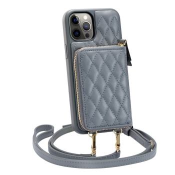 CUSTYPE custype菱格手机包适用苹果121314promax手机壳斜挎保护壳零钱包 雾霾蓝（可调节斜挎带+腕带） iPhone 12 Pro Max