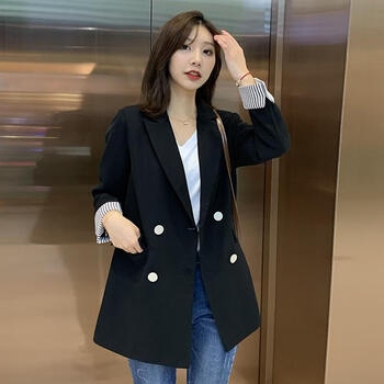 季佩长款小西装外套女春季韩版英伦风休闲小西服女上衣m黑色