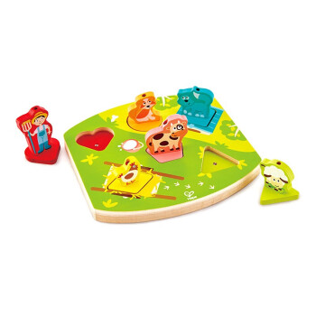 Hape拼图玩具幼儿1-3周岁拼图男女宝宝拼图农场小动物发声积木玩具 双面几何立体拼图E1615