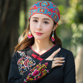 dafify头巾帽民族风帽子文艺复古棉麻刺绣花头巾百搭旅游拍照女士包头