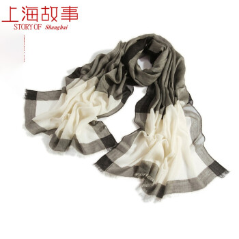 上海故事格子山羊绒围巾女秋冬季保暖披肩 米驼格