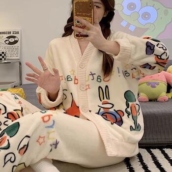 兰缦尼 睡衣女秋冬季珊瑚绒加厚法兰绒新款派大星学生保暖上衣裤子套装 米杏色套装 L码(建议80-120斤)服饰鞋包类商品-全利兔-实时优惠快报