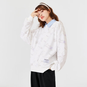 森马大森卫衣女满印可爱套头衫2022落肩春装小众109122116079白色调xs