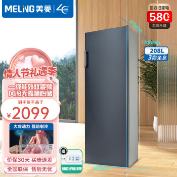 美菱冰柜(MELING)208升立式冰柜小型家用变频冷冻柜风冷无霜冰吧迷你单温保鲜小冷柜 BD-208WPC星空灰