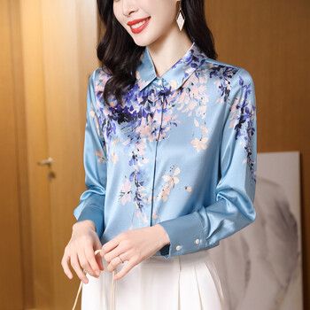 芯逸贝乐重磅桑蚕丝衬衫女缎面印花宽松真丝衬衣上衣ase3551蓝色m