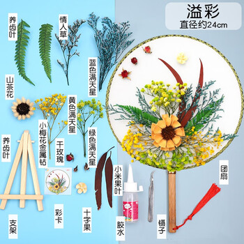 团扇diy材料包中国风新年春节虎年干花圆扇手工永生花扇子空白溢彩
